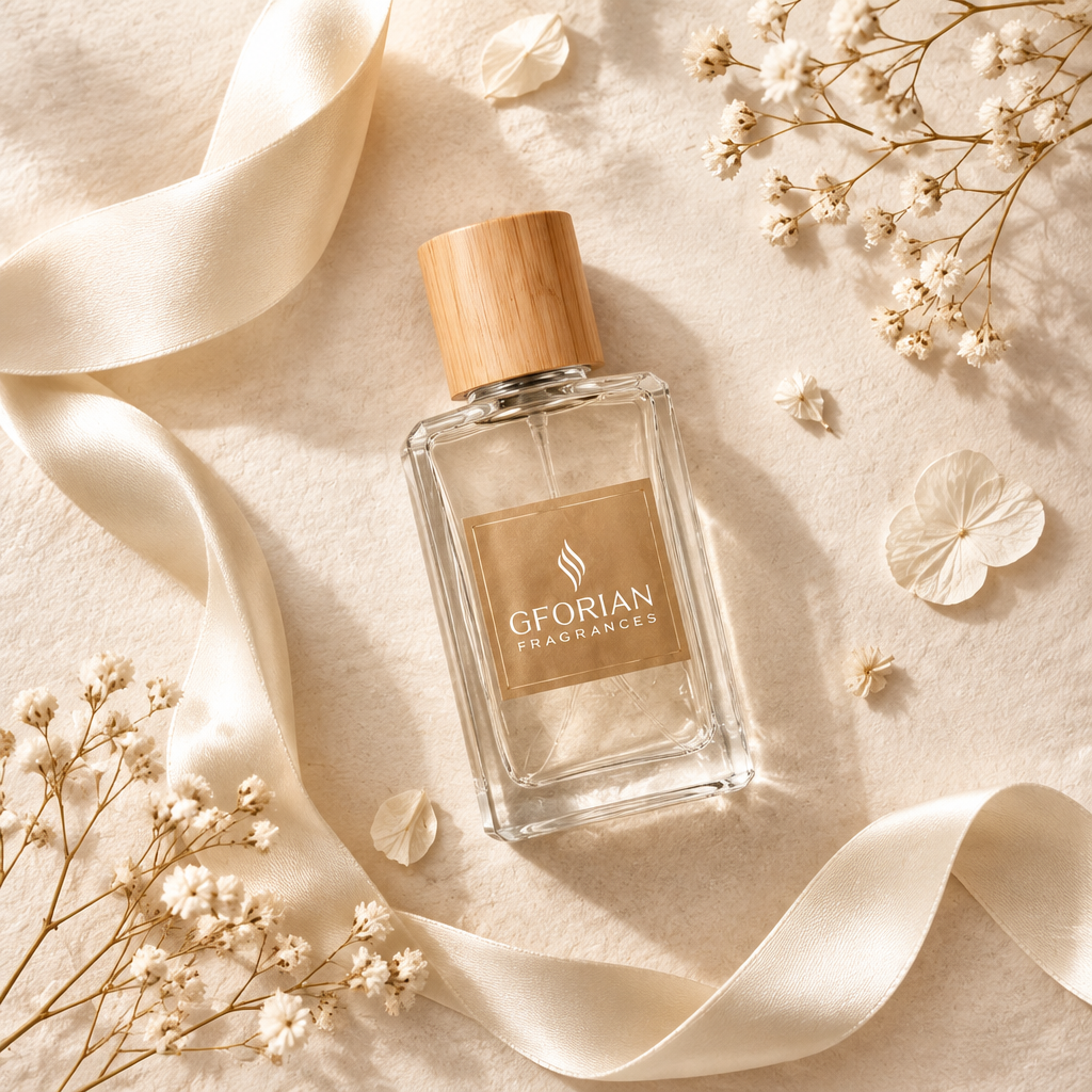 Bianco Latte perfume bottle flat lay with flowers and silk ribbon