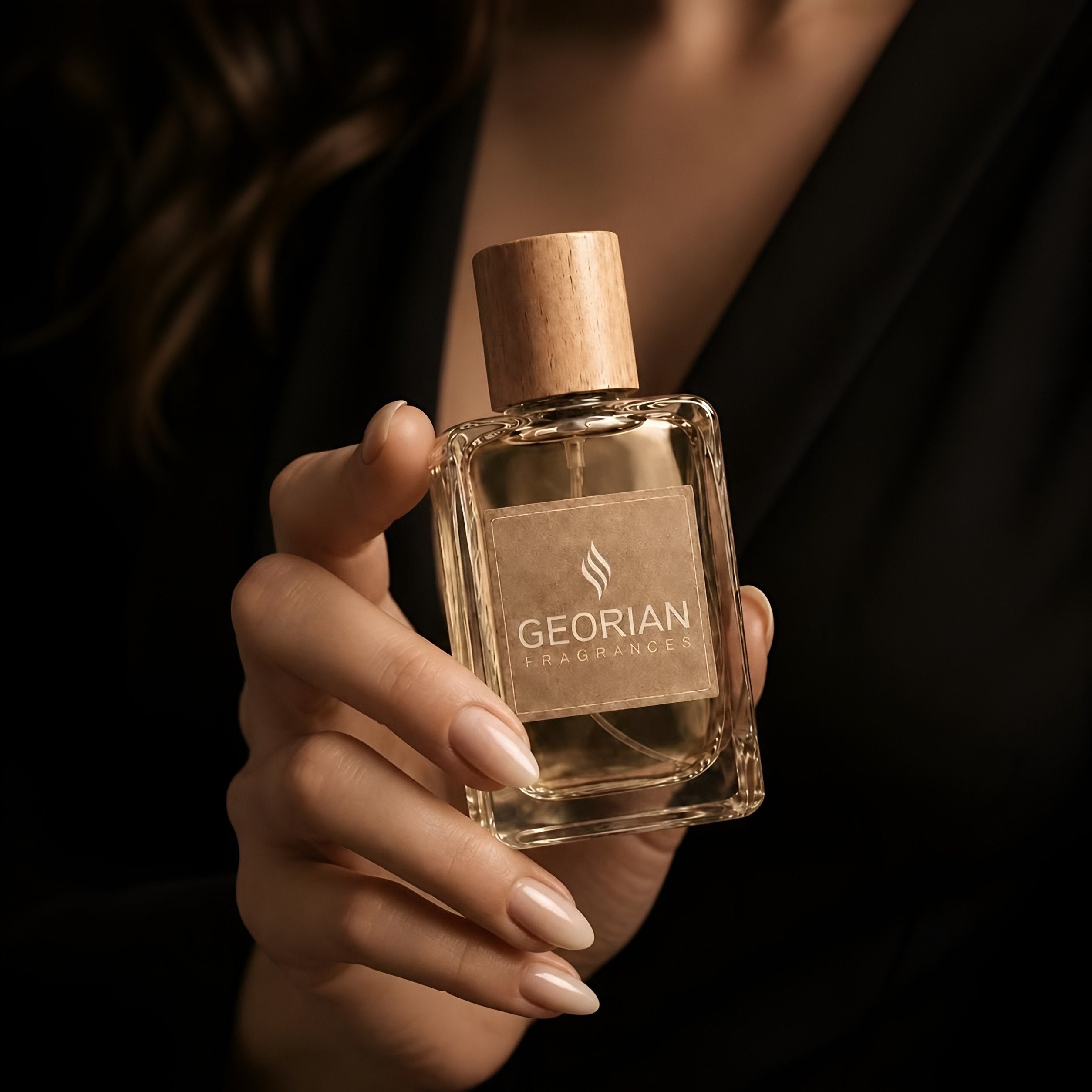 Woman holding a Georian fragrance bottle in the desert at sunset