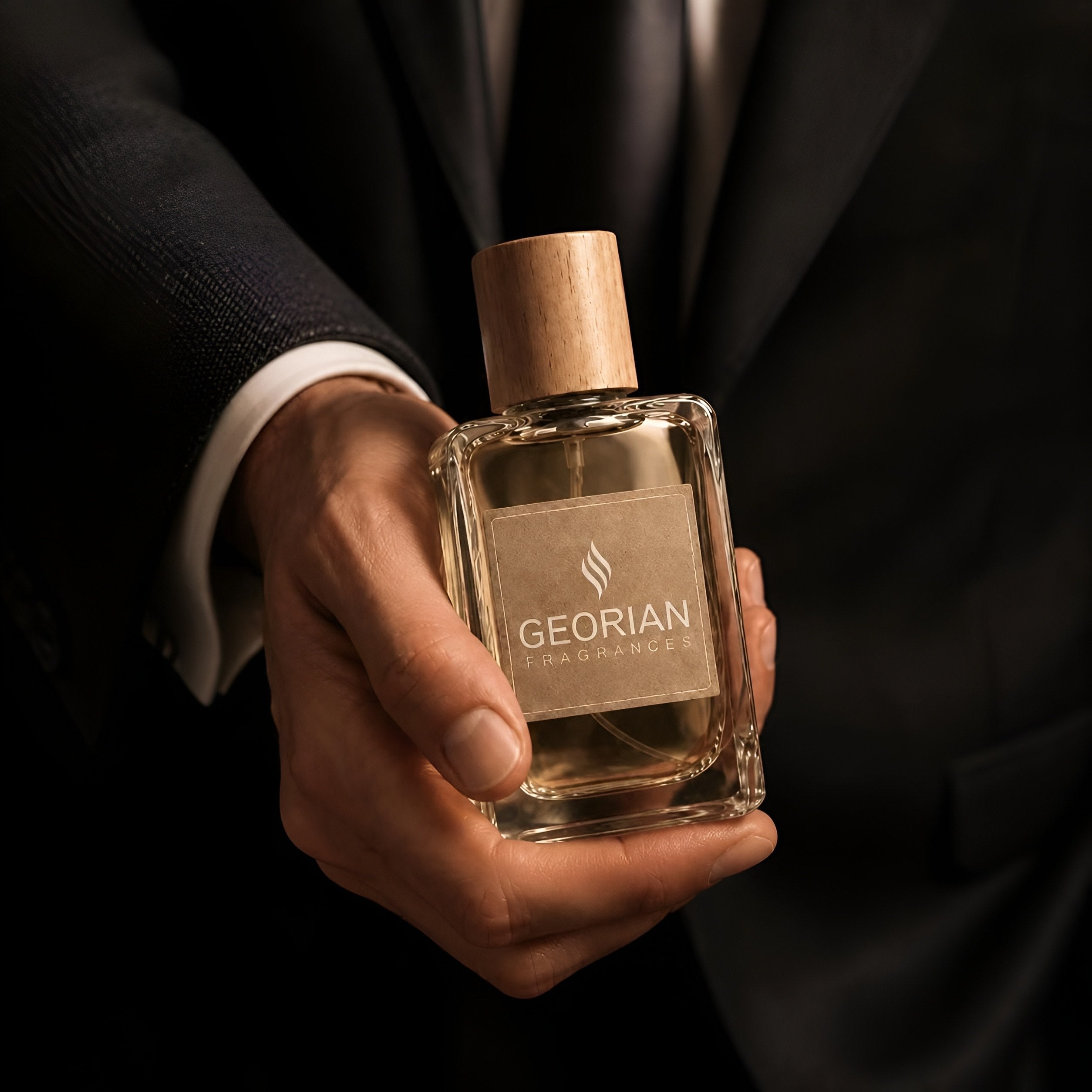 Man holding a Georian fragrance bottle in the desert at sunset