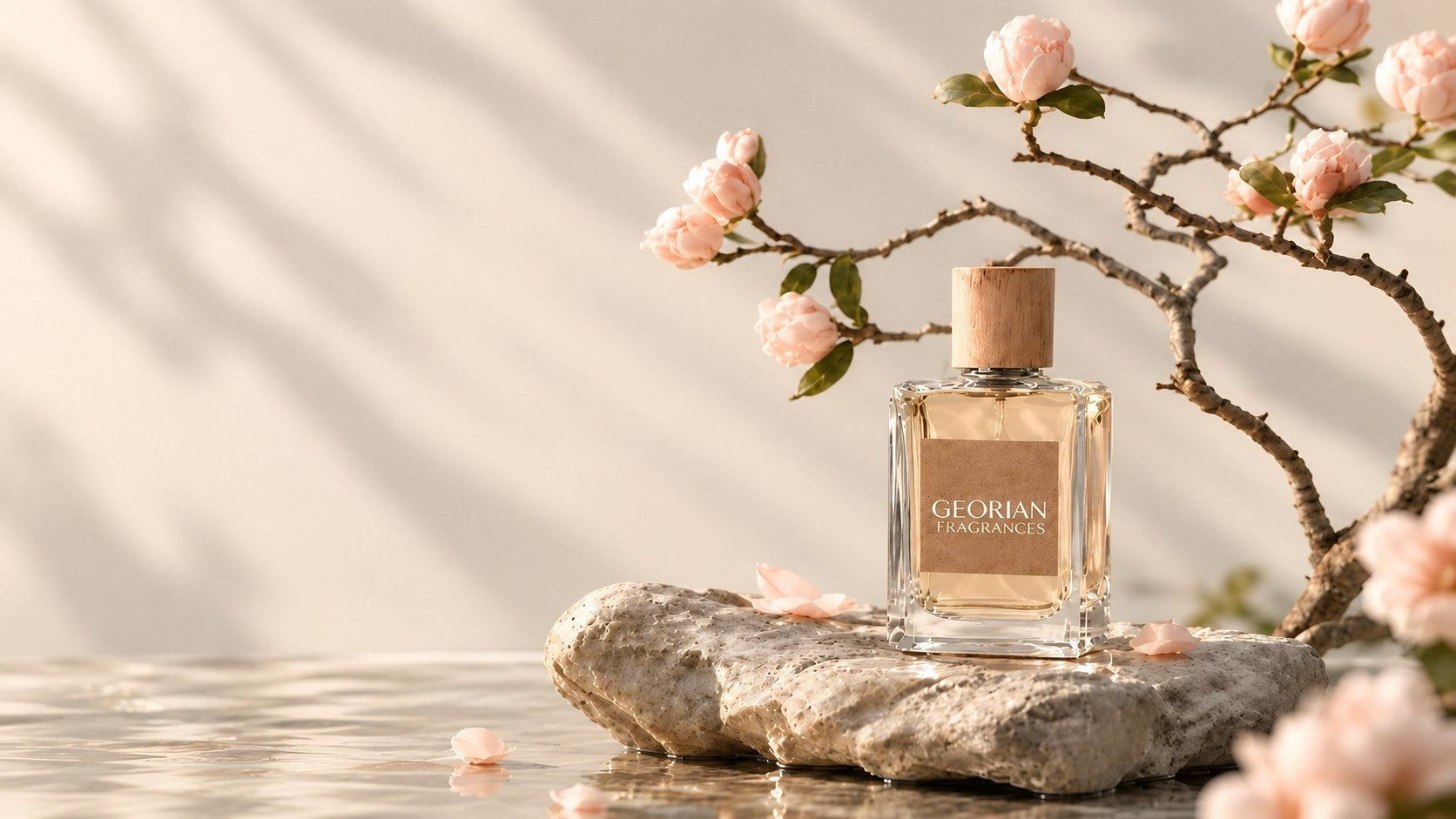 Georian fragrance bottle in the desert at sunset